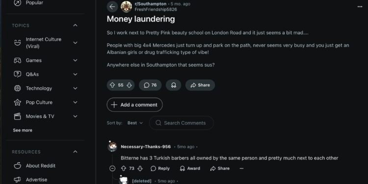 Reddit thread discusses Shops and Bars in Southampton concerned residents believe are money laundering fronts